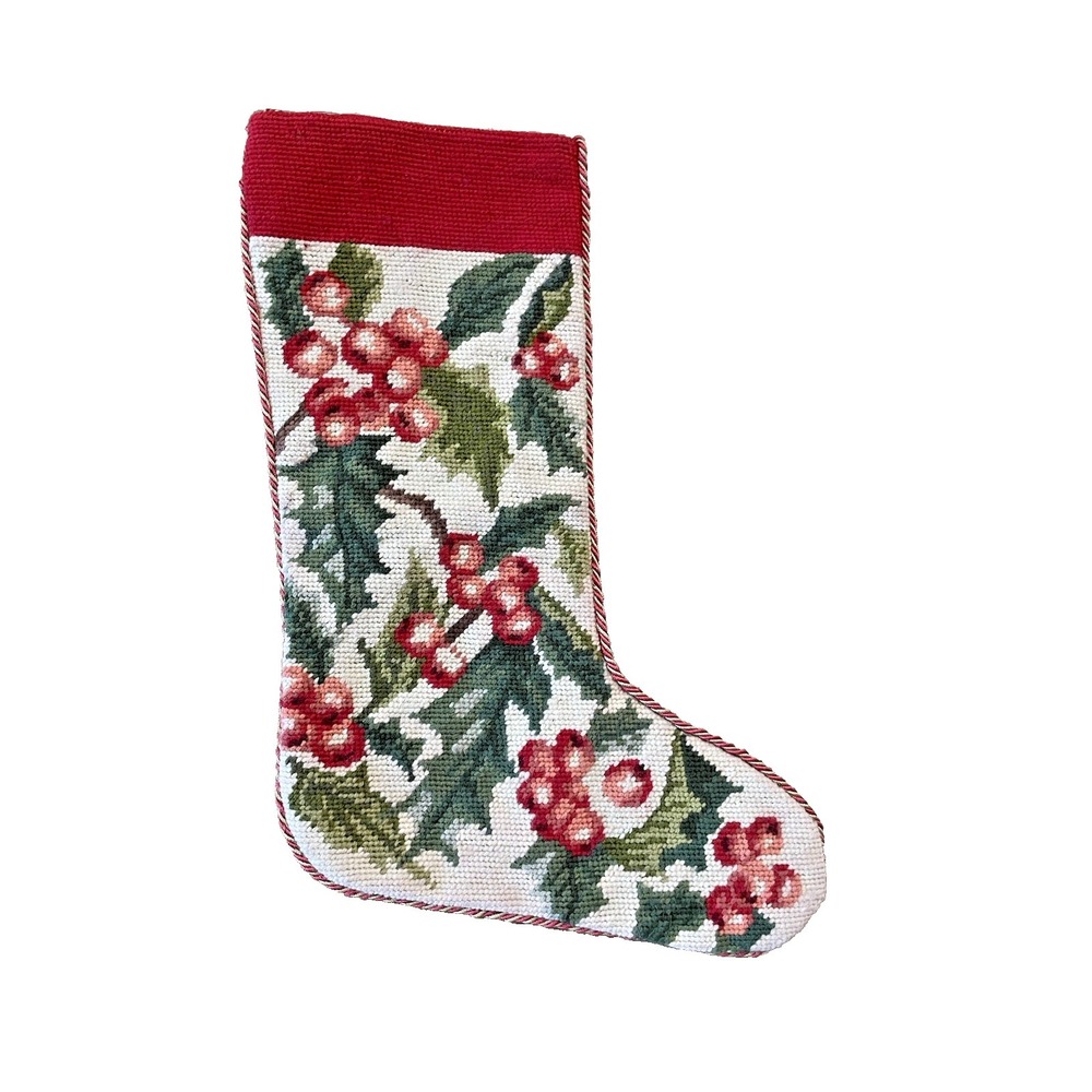Vtg Needlepoint Christmas Stocking‎ Holly Berries and Leaves Red Velvet 16"